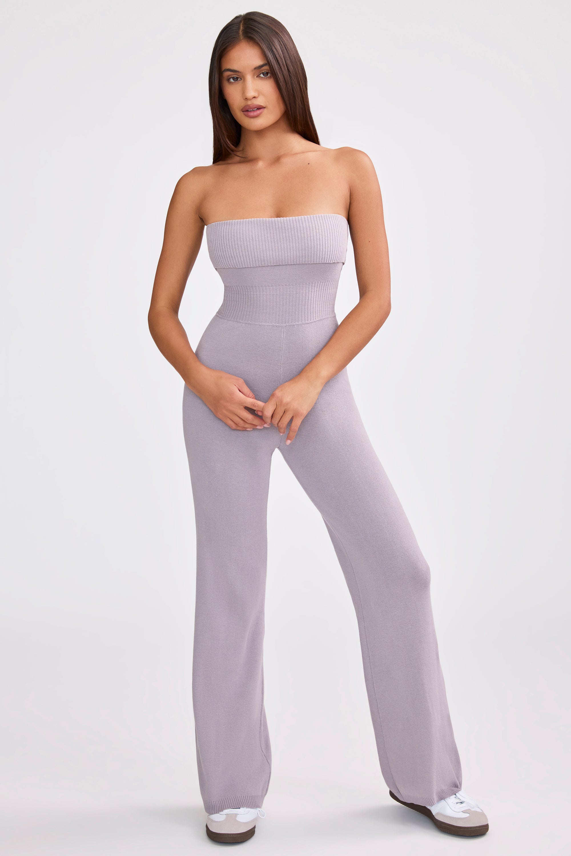 Bandeau Kick Flare Chunky Knit Jumpsuit in Dusty Lavender、mySite、solidvoid