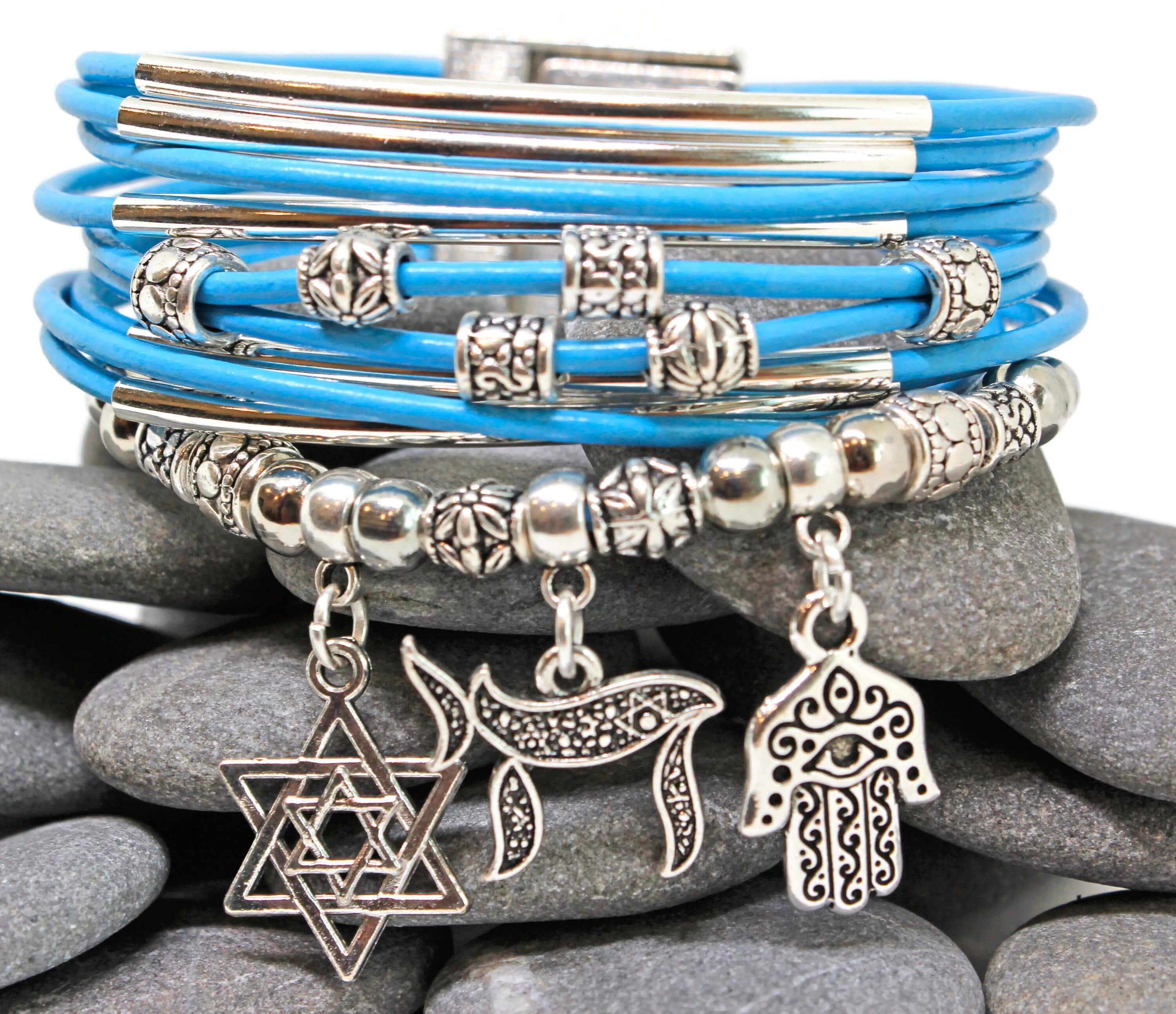 Star of David, Chai and Hamsa Charm Bracelet - Sky Blue、mySite、topwebapps