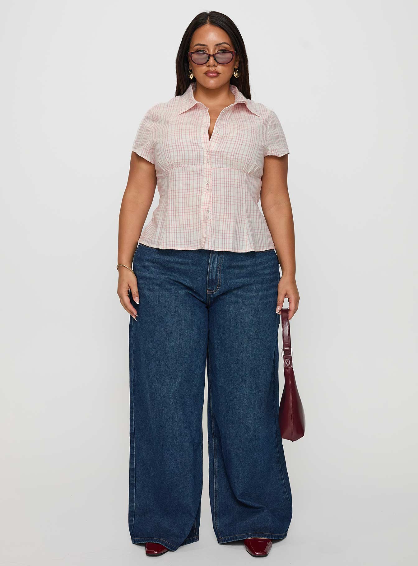 Cottesloe Blouse Top Pink Check Curve、mySite、solidvoid