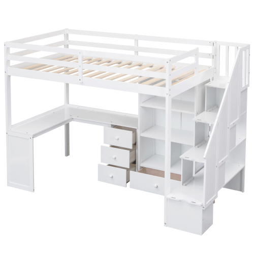 Twin Size Loft Bed with L-Shaped Desk and Drawers, Cabinet and Storage Staircase, White、、casual