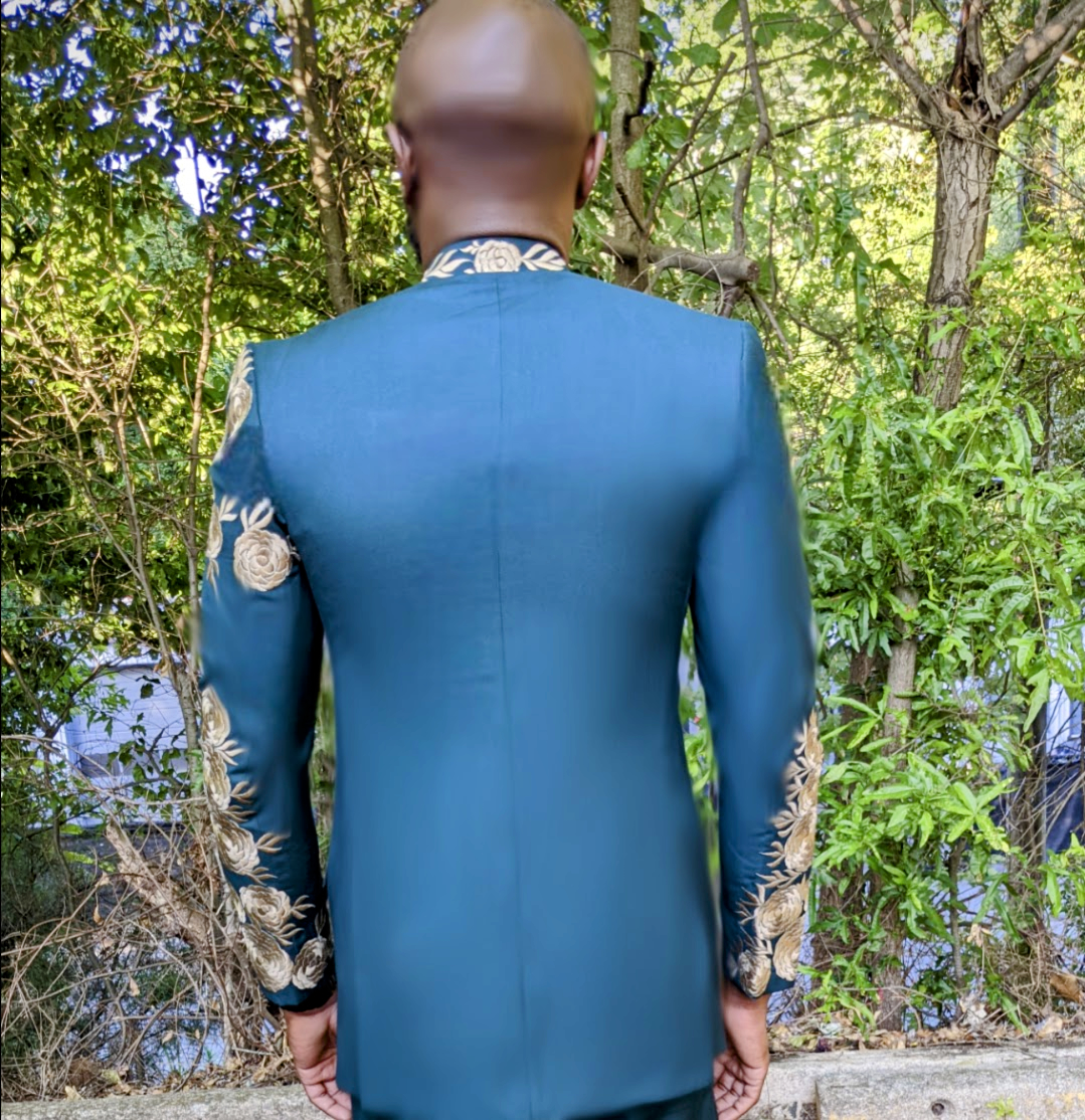 Odogwuu African Slim Fit Emerald Green Bishop Collar Button Down Suit Jacket with Gold Embroidery Patterns-DPXEGGES21、mySite、solidvoid