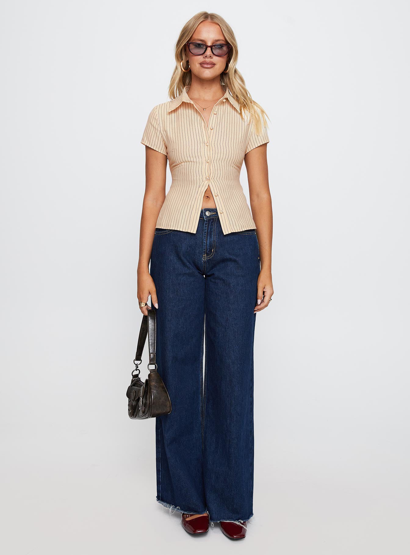 Lift Off Button Up Top Cream / Navy Stripe、mySite、solidvoid