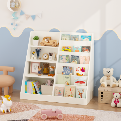 Kids Bookcase and Bookshelf, Multifunctional Bookcase with 3 Collapsible Fabric Drawers, Bookcase Display Stand, Toy Storage Organizer for Bedroom, Playroom, Hallway (White/Pink)、、casual