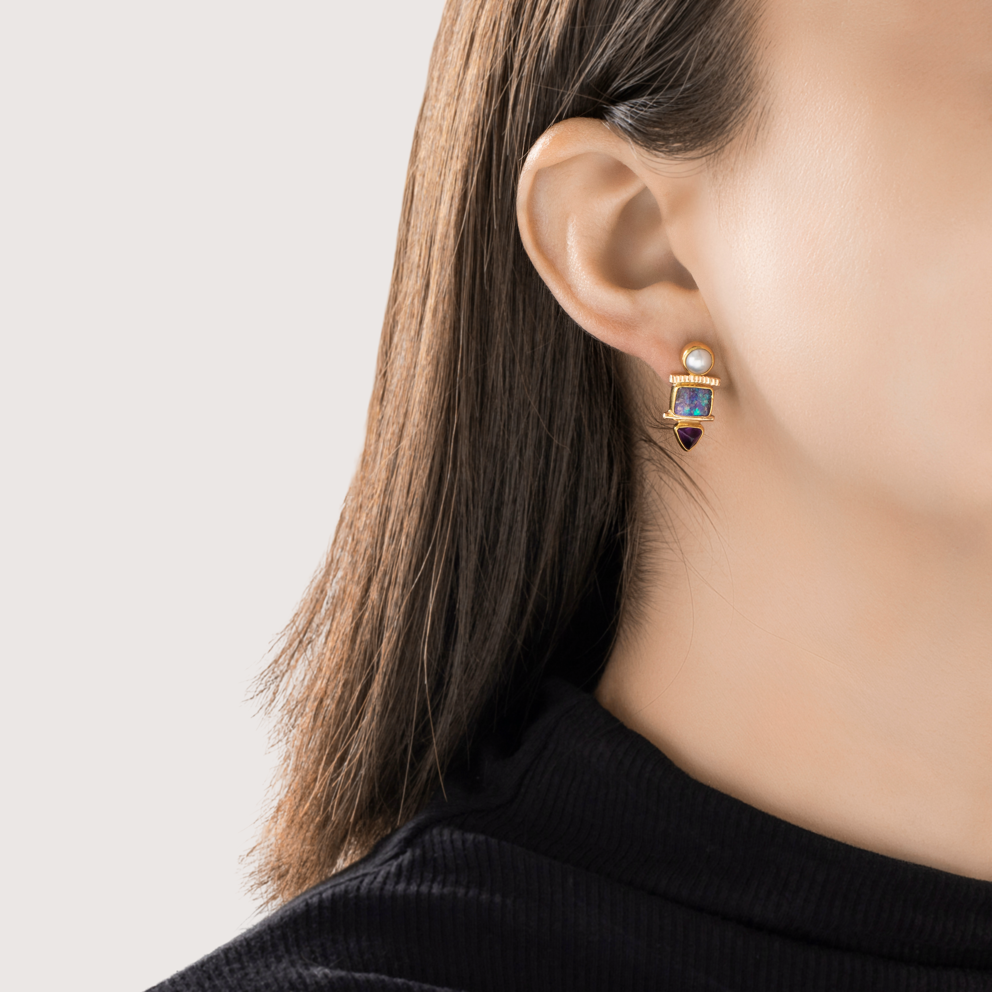 Vintage 22k & 14k Gold Opal Amethyst Pearl Chic Royal Purple Stud Earrings、mySite、hinf8tx79