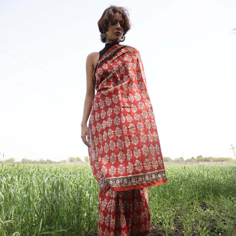 Festive Wear | Bagru Printed Chanderi Red Saree、mySite、camillekostekn