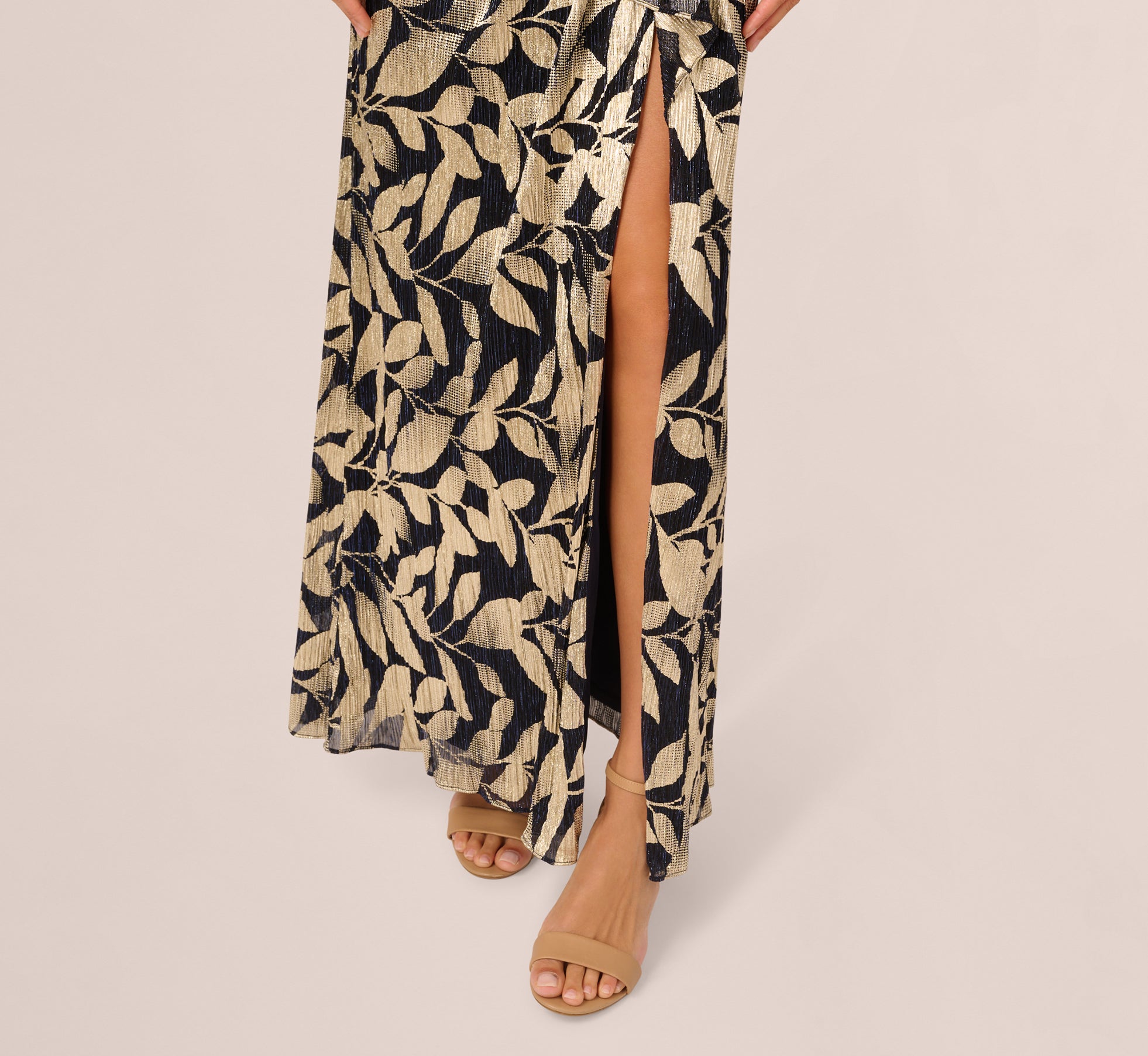 Foil Printed Asymmetric Gown With Ruffled Detail In Navy Gold、mySite、solidvoid