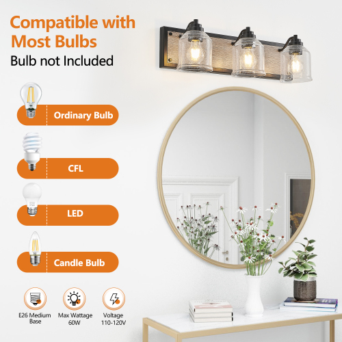 40&quot; Farmhouse Vanity Light Fixture, 5-Light Bathroom Wall Sconce with Clear Seeded Glass Shades, Black and Wood Grain Finish, Modern Industrial Design for Bathroom or Powder Room (No Bulbs)、、eastwooduniform