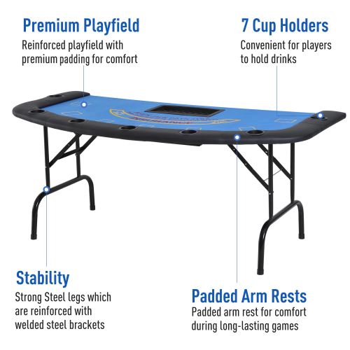 Soozier Poker Table Foldable, 72" Blackjack Table for 7 Players with Chip & Cup Holder, Blue Felt、、casual