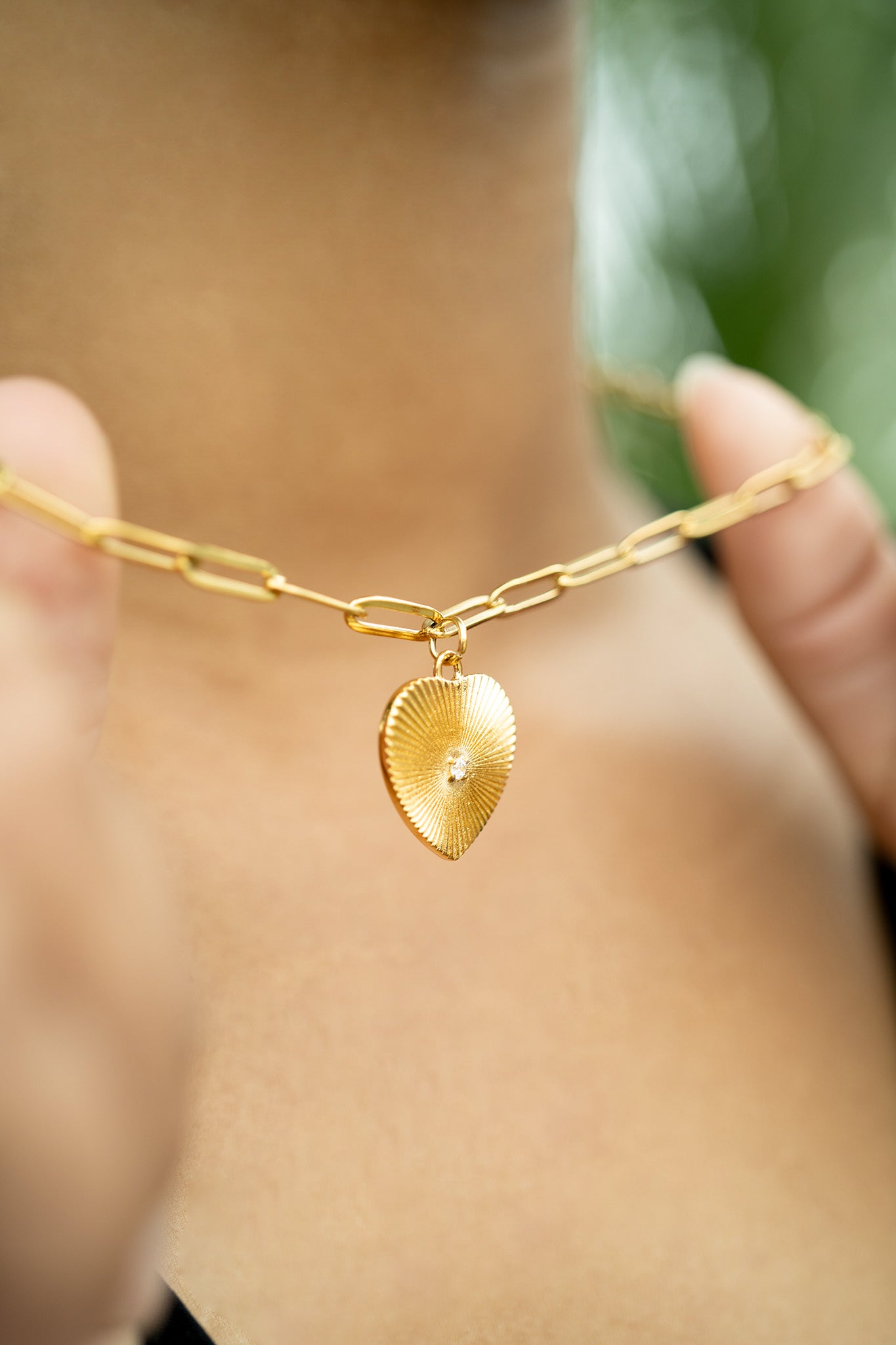 18K Gold PVD Stainless Steel Sunburst CZ Heart Paperclip Pendant Necklace / CHN9966、mySite、dreamappss