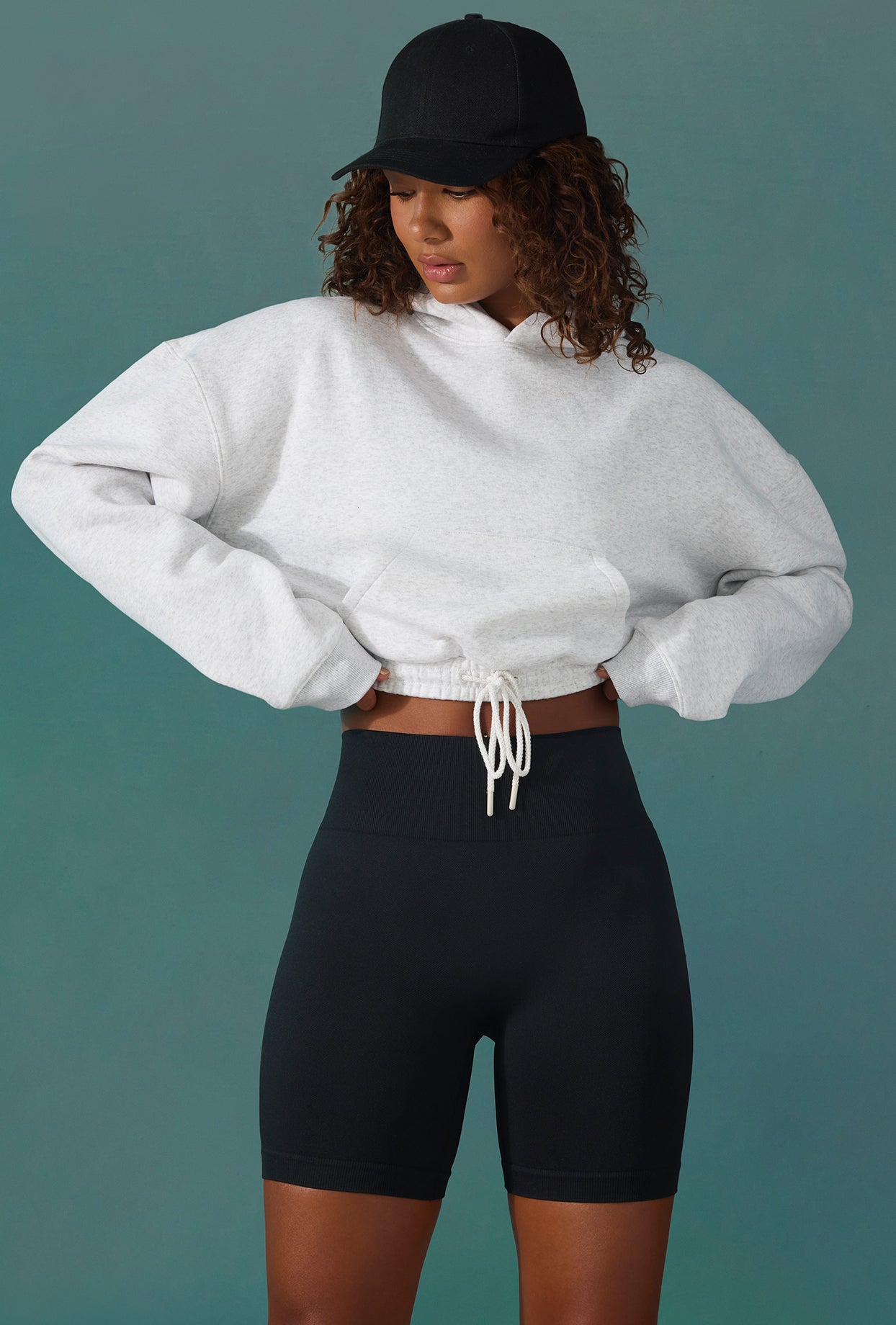 Cropped Drawstring Hooded Sweatshirt in Ice Grey、mySite、solidvoid