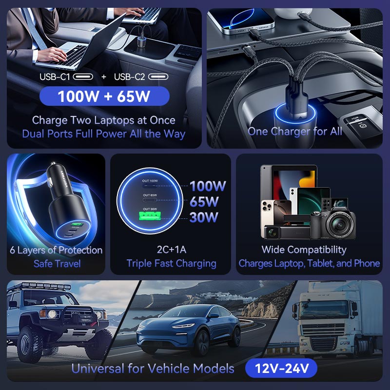 Vention Three-Port USB C+C+A (100W+65W+30W) Car Charger Black ABS Type、mySite、fannypackpong