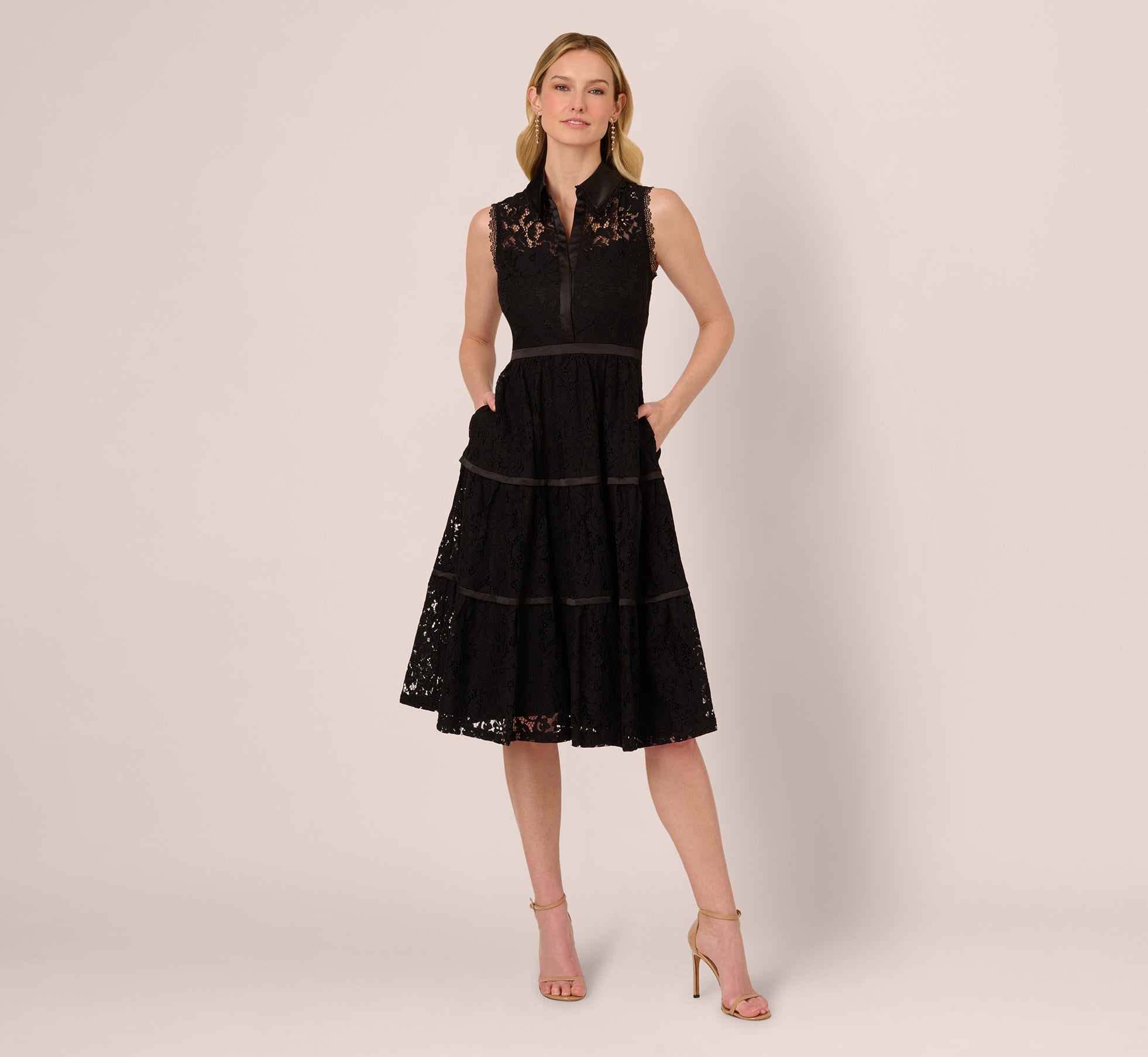 Sleeveless Collared Lace Fit And Flare Dress In Black、mySite、solidvoid