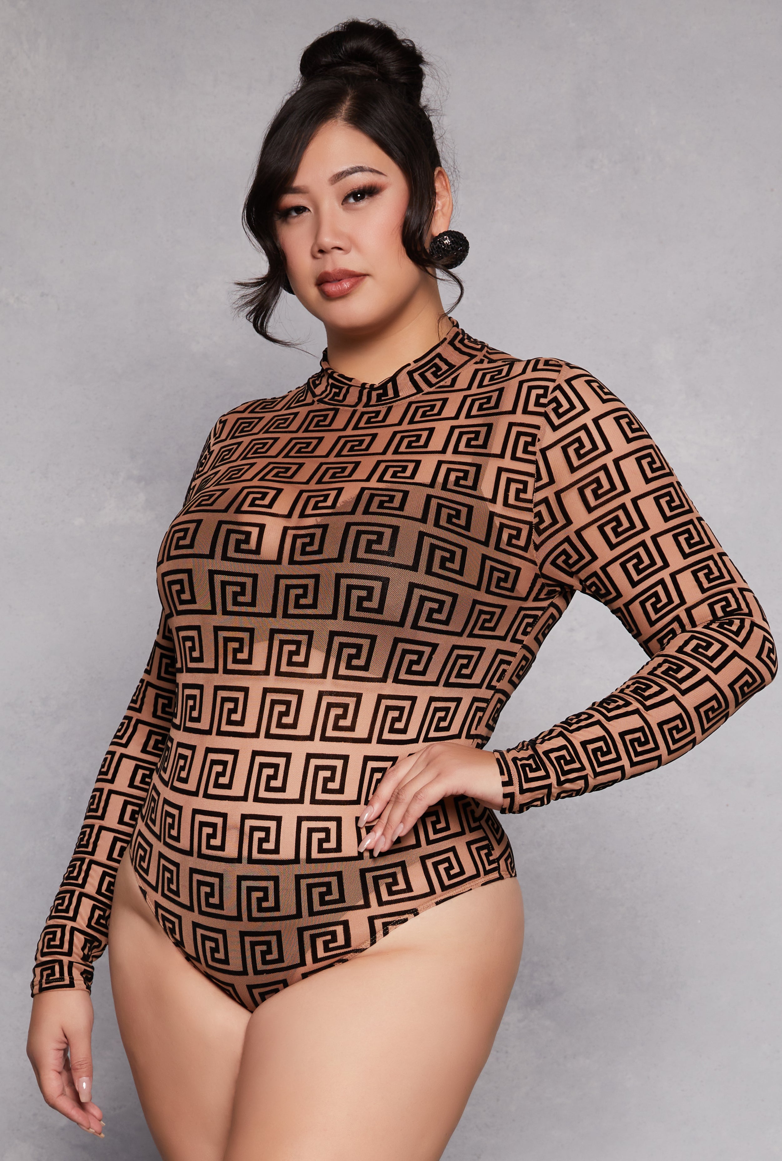 Plus Size Mesh Velvet Burnout Greek Key Bodysuit、mySite、camillekostekn