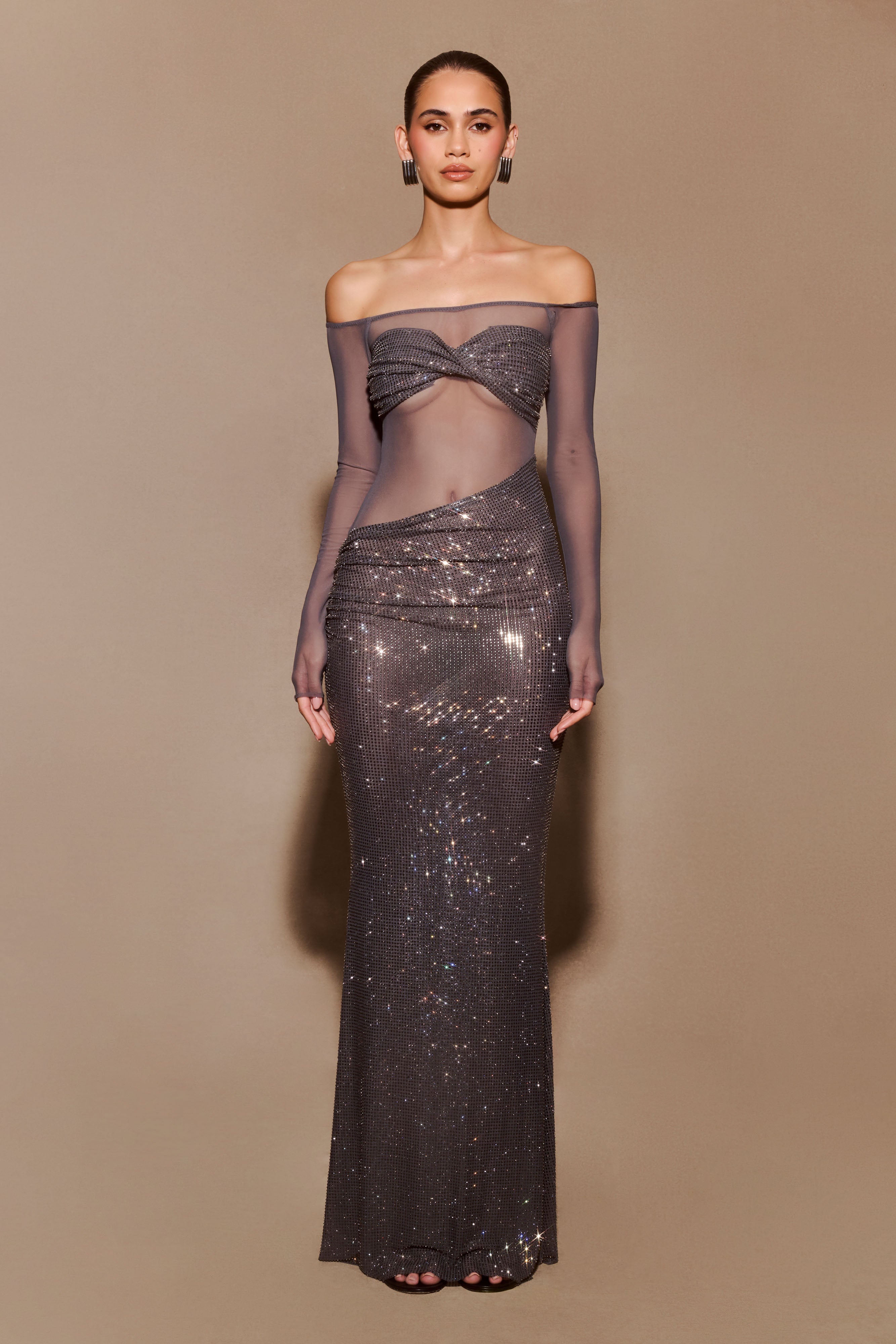 Nash Diamante Off Shoulder Maxi Dress - Gunmetal、mySite、solidvoid