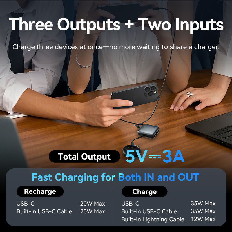 Vention 10000mAh Mini Power Bank (USB-C + USB-C/Lightning) with Built-in USB-C and Lightning Cables 35W Gray、mySite、fannypackpong