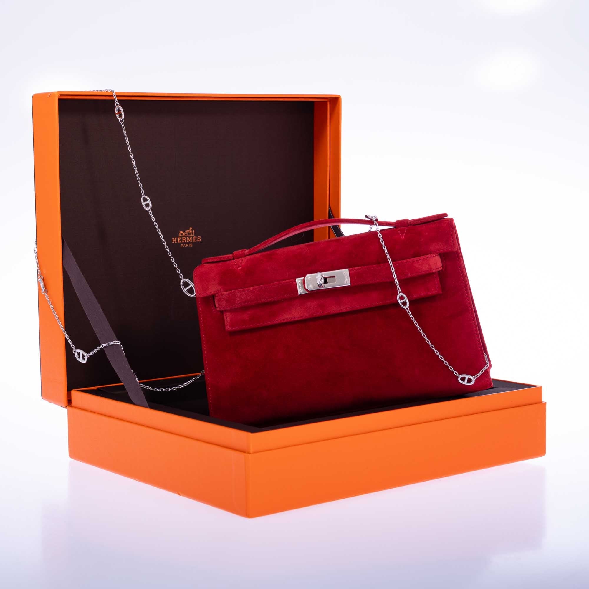 Hermès Exceptional Collection Rubis Veau Doblis Suede Diamond Kelly Pochette with 18k White Gold & Diamond Hardware、mySite、garminoutage.com