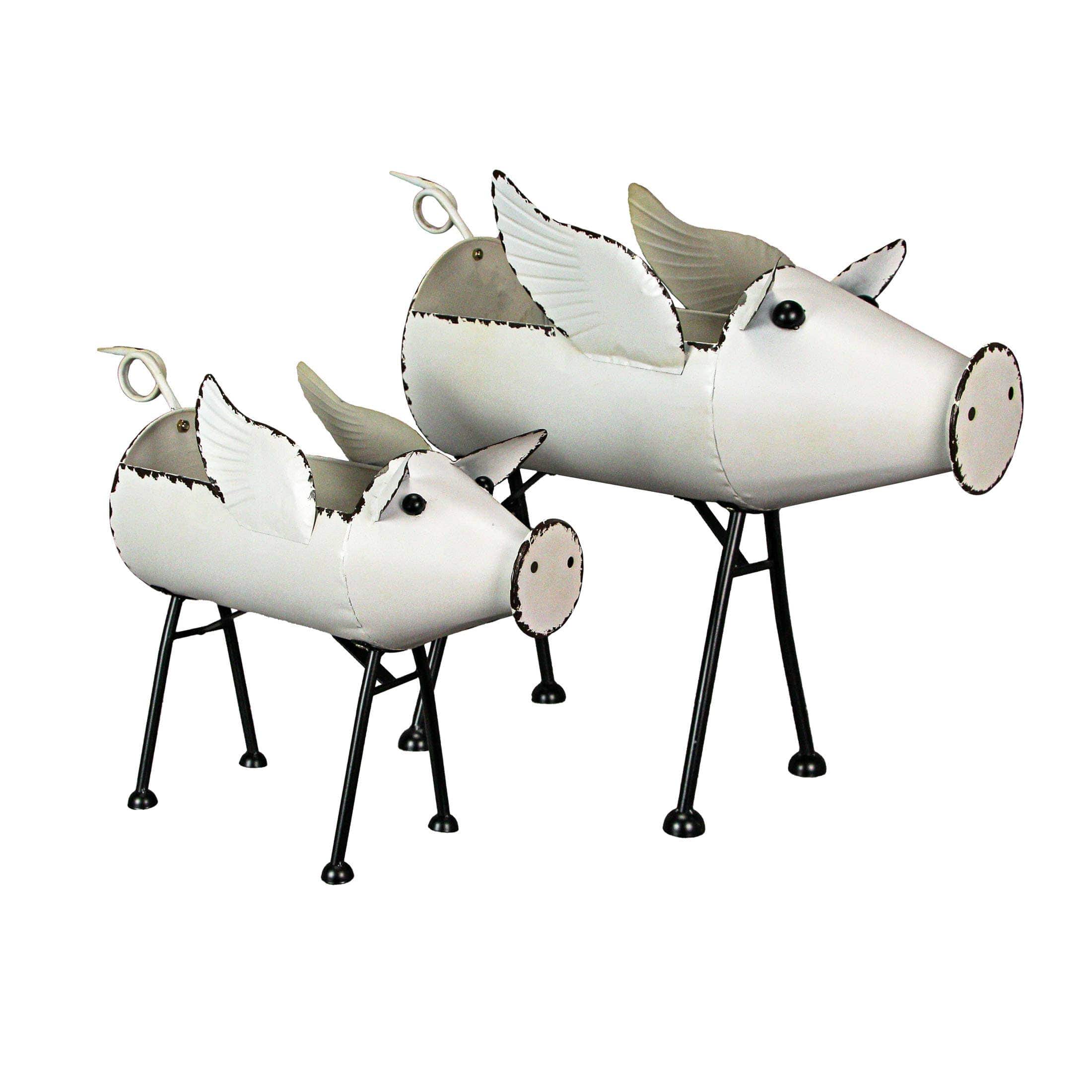 Rustic White Flying Pig Standing Metal Planters SET、mySite、g9winljtr