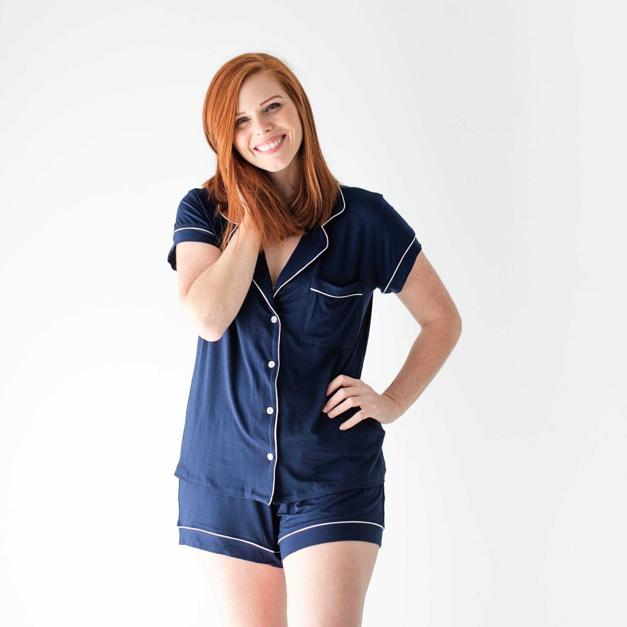  Women’s Short Sleeve Pajama Set in Navy with Cloud Trim、mySite、layawaytickets