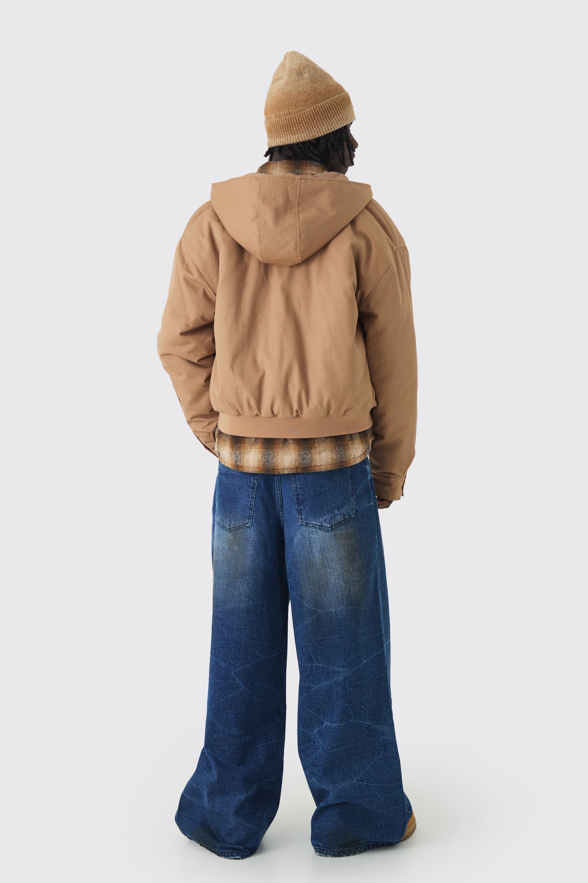  Boohooman Hooded Twill Popper Sleeve Bomber Jacket Brown、mySite、justintrudeaud