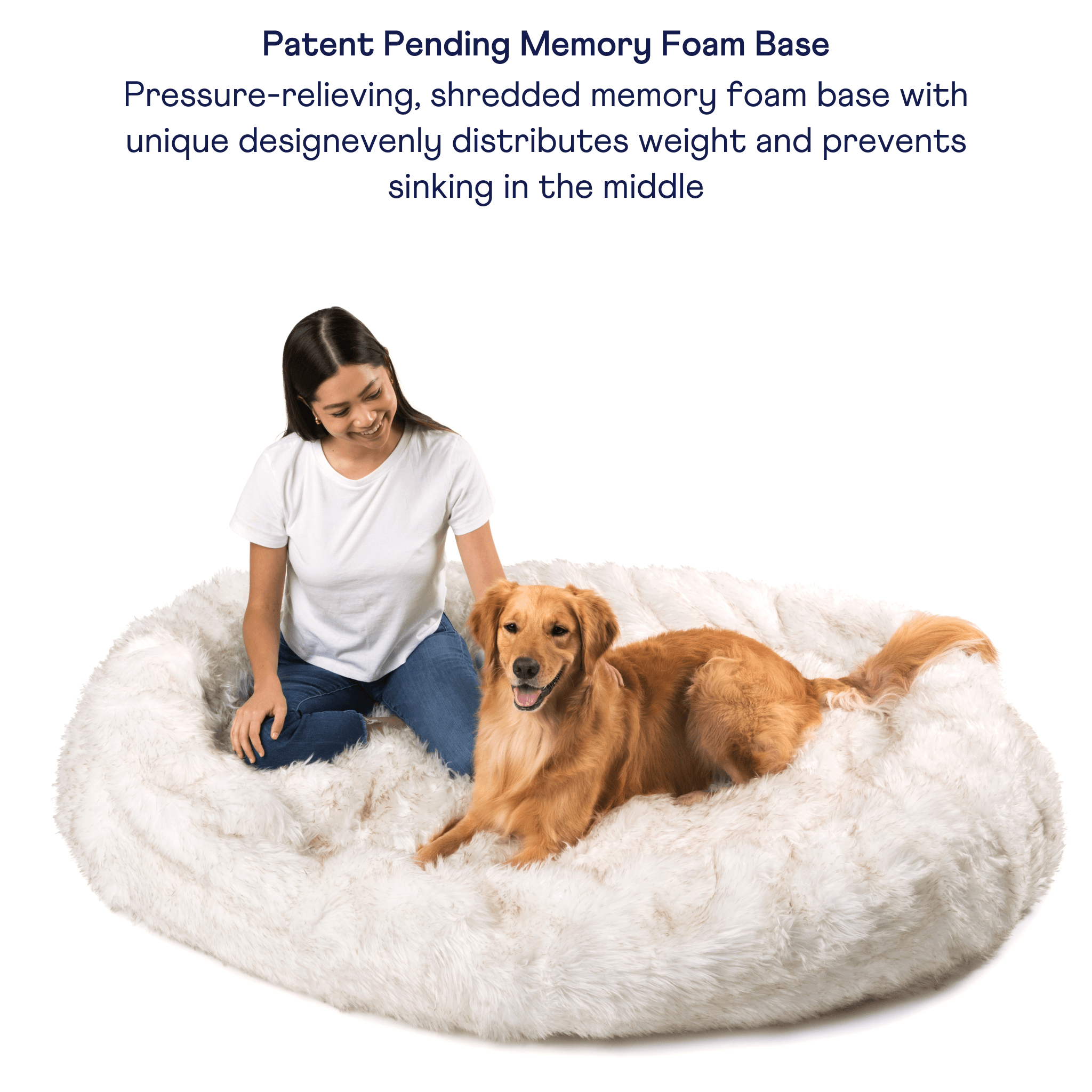 PupCloud™ Human-Size Faux Fur Memory Foam Dog Bed - White with Brown Accents、mySite、solidvoid