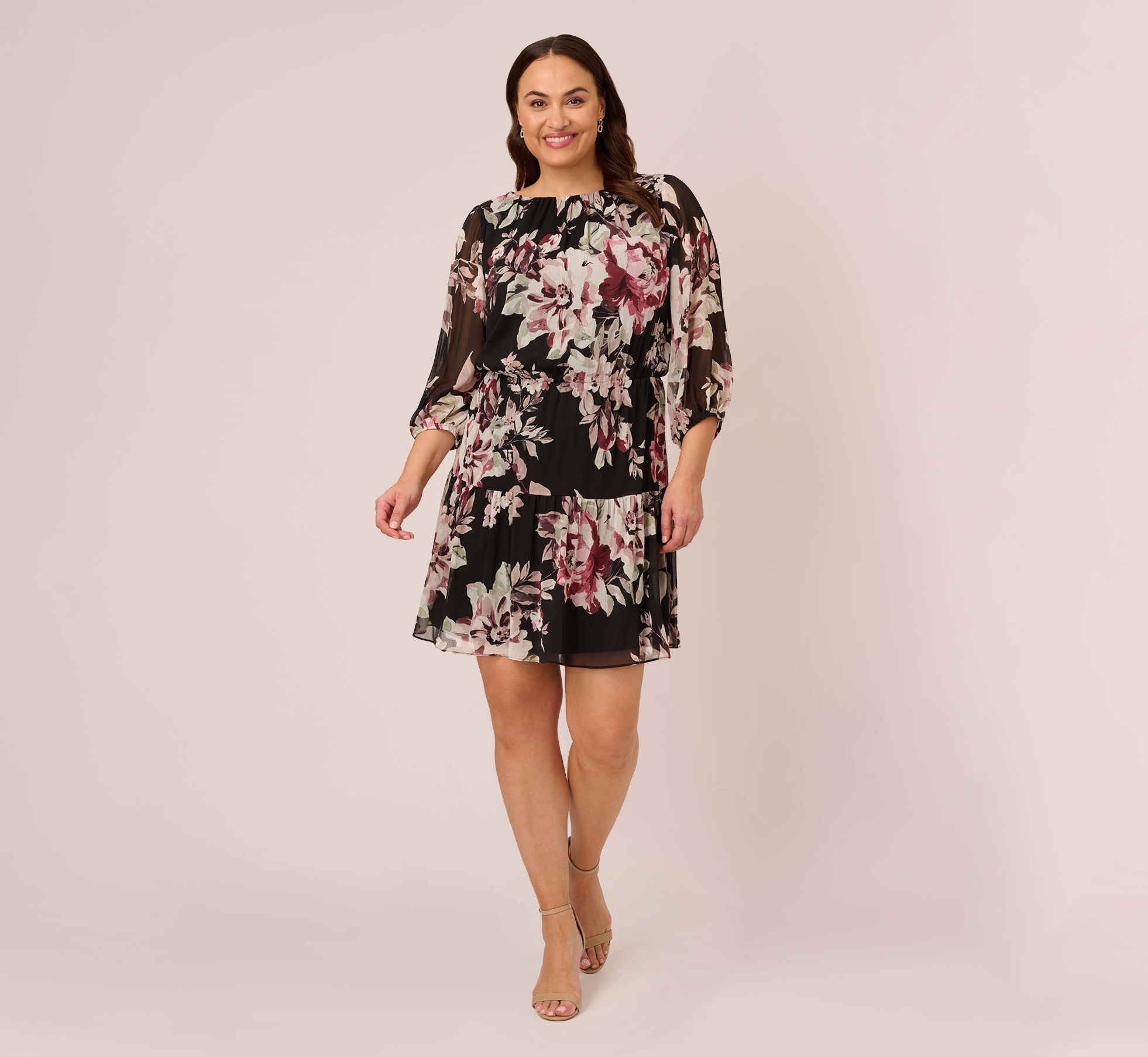 Plus Size Floral Chiffon Dress With Three Quarter Length Sleeves In Black Multi、mySite、solidvoid