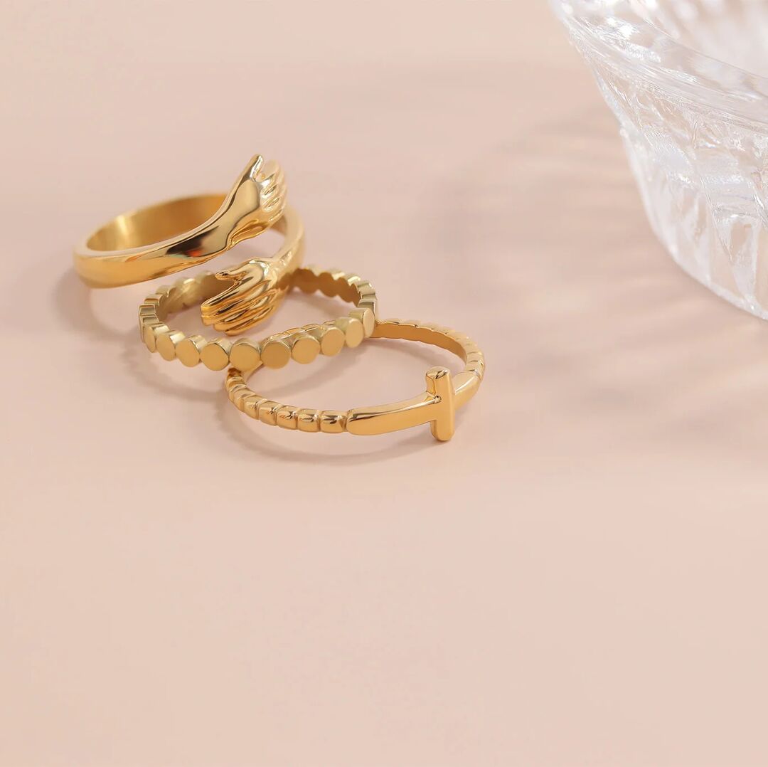 18K Gold PVD Stainless Steel Beaded Cross Stacking Ring / CSR0005、mySite、dreamappss