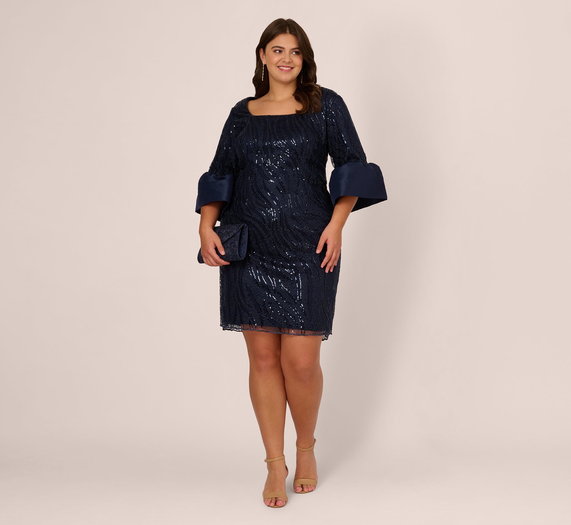 Plus Size Sequin Embroidered Dress With Taffeta Bell Sleeves In Midnight、mySite、solidvoid