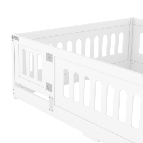 Twin Size Floor Bed with Heightened Safety Guardrails and Door, Solid Wood Bedframe with Rails for Girls, Boys, Teens, Child Bedroom, Kids Playroom, No Slats Included, White、、casual