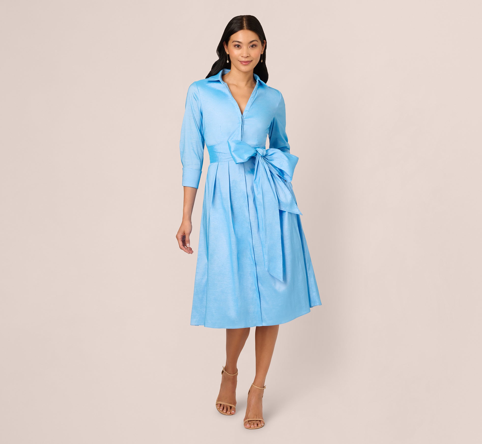 Three Quarter Sleeve Taffeta Midi Shirt Dress In Bluebell、mySite、solidvoid