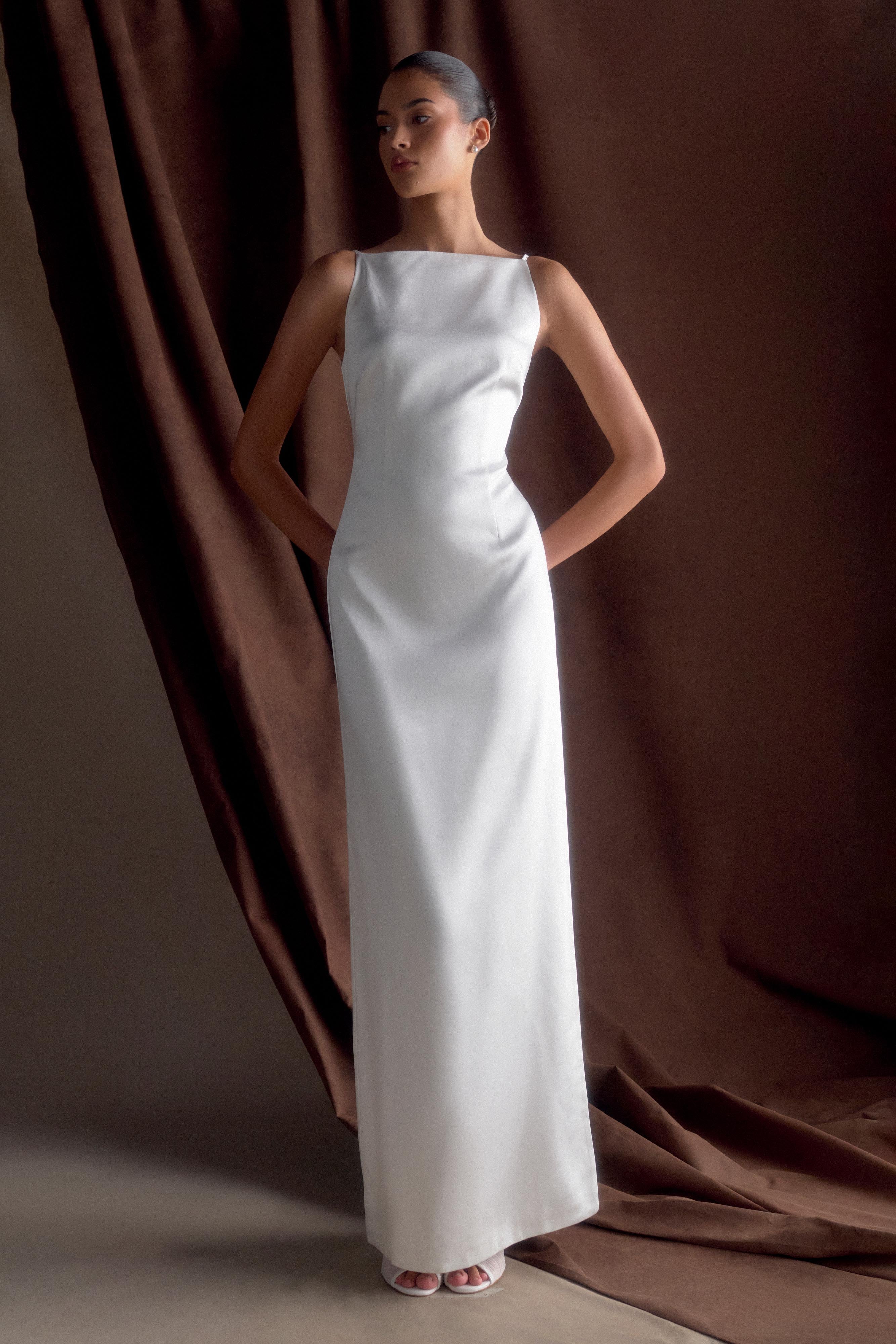 Violet Sleeveless Satin Maxi Dress - White、mySite、solidvoid