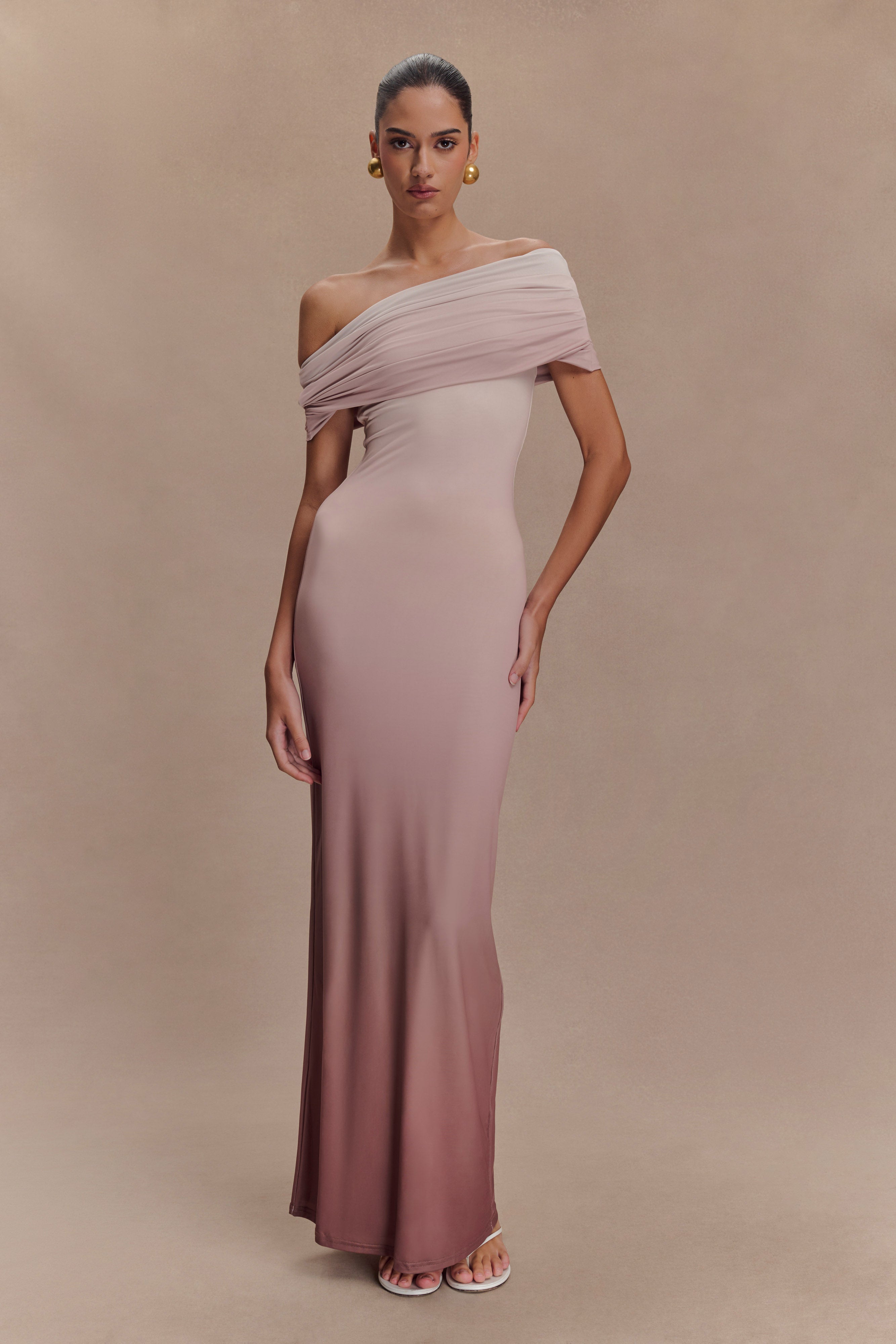 Cassandra Off Shoulder Slinky Maxi Dress - Neutral Ombre、mySite、solidvoid