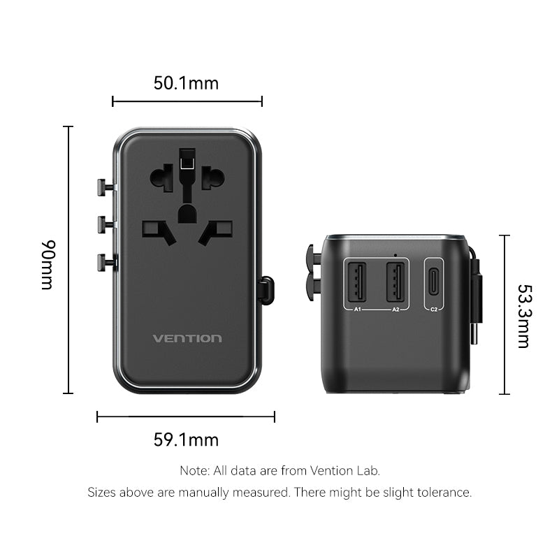 Vention 3-Port USB (C + A + A) GaN Universal Travel Adapter (65W/60W/5W) with Built-in USB-C Cable Black、mySite、fannypackpong