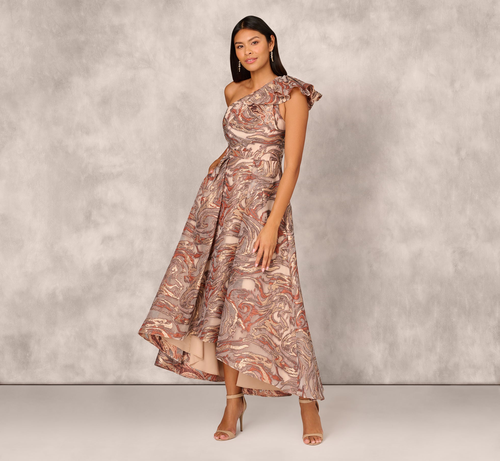 Clipped Jacquard High Low Gown With Ruffle One Shoulder Neck In Rust Multi、mySite、solidvoid