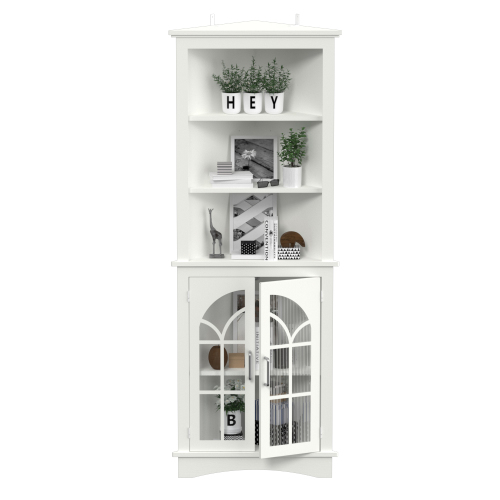 Corner Storage Cabinet, 63.3" Tall Freestanding Bookcase with Doors & Adjustable Shelves, 5-Tier Corner Display Cabinet for Living Room, Office, Dining Room, White、、casual