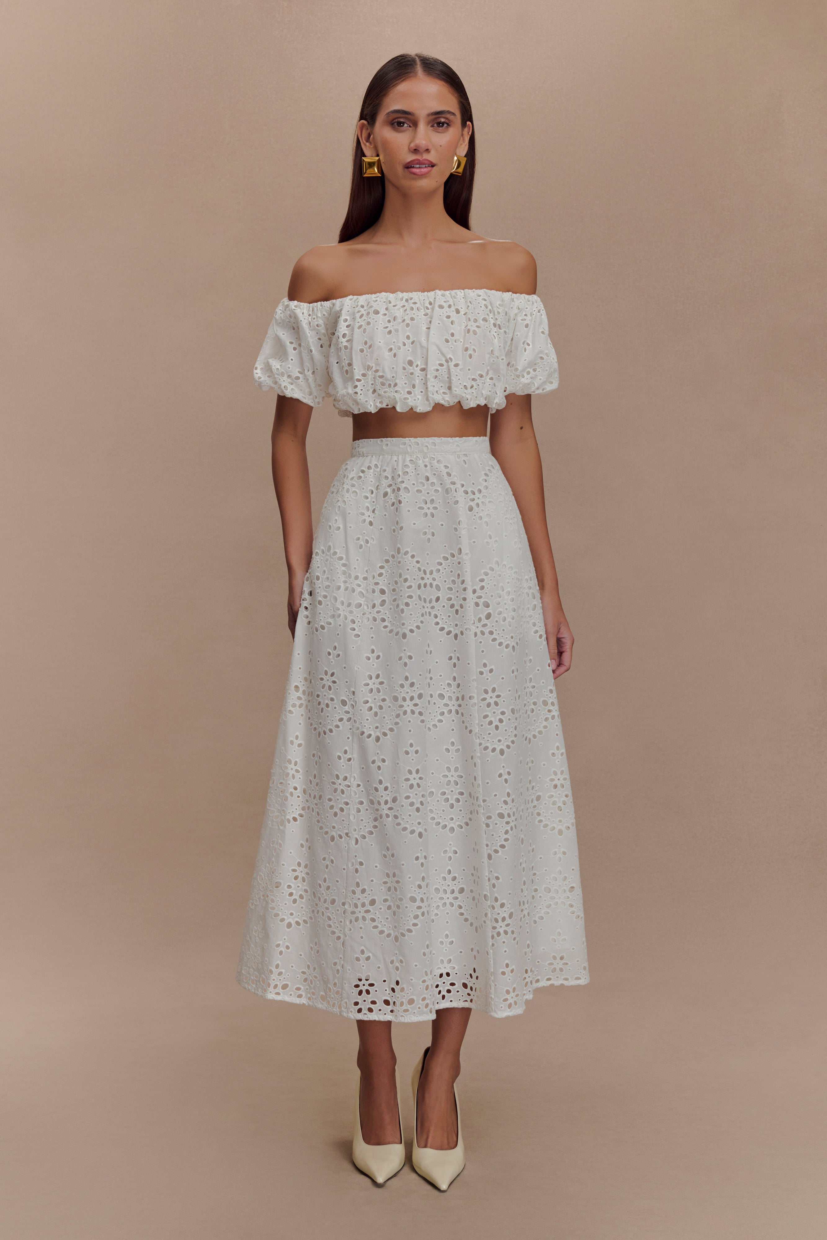 Autumn Off Shoulder Broderie Top - White、mySite、solidvoid