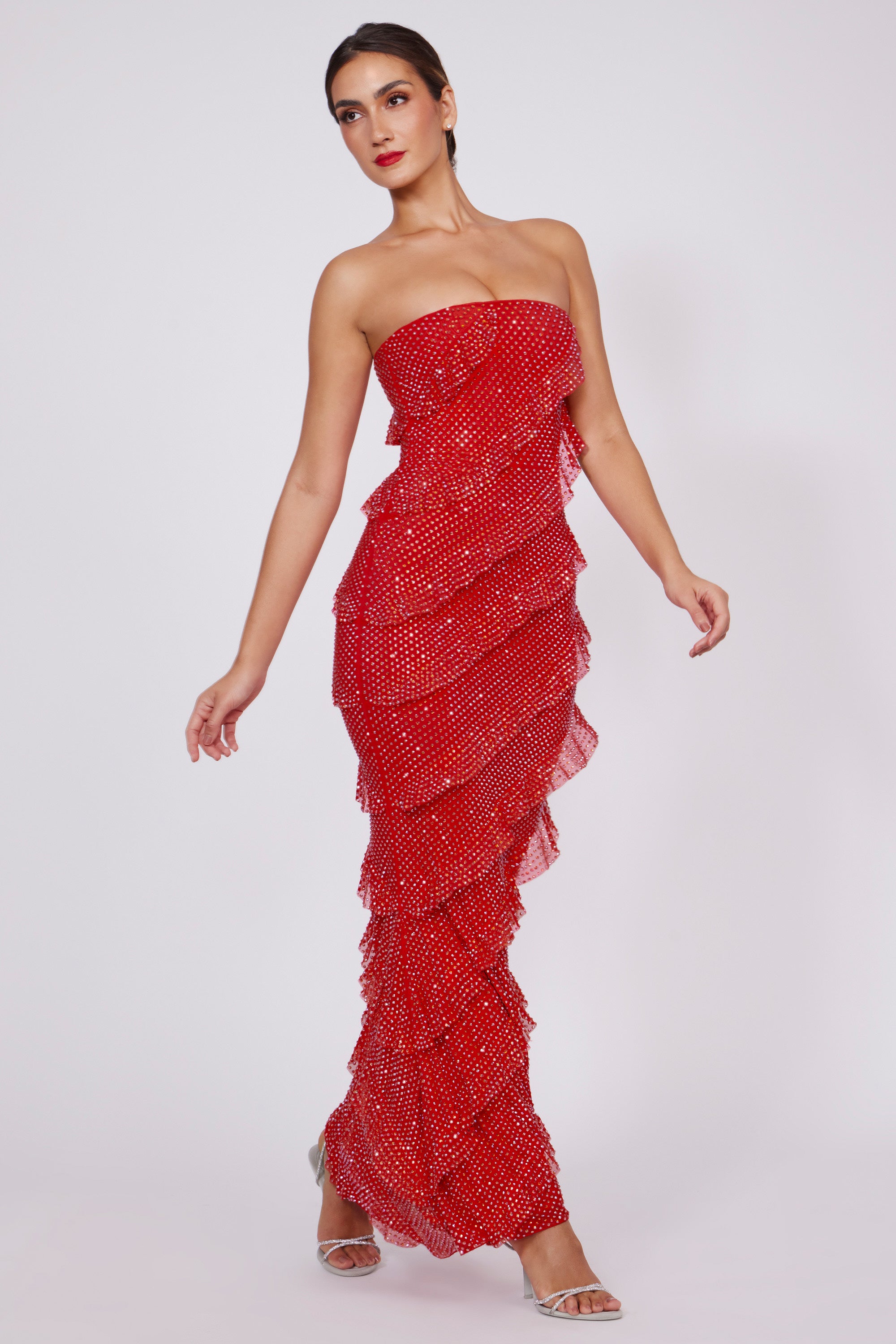Embellished Strapless Ruffle Maxi Dress in Fire Red、mySite、solidvoid