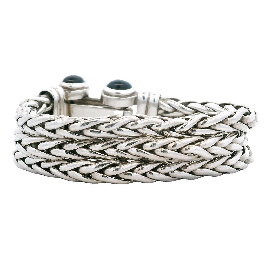  Estate Sterling Silver Cabachon Black Onyx Multi Strand Bracelet