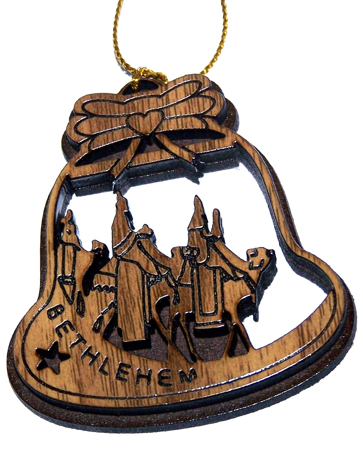  Holy Land Market Two Layers Mahogany with Olive Wood Magi Ornament Gift Carved by Laser - Olive Wood - Bell Shape (6.5 cm or 2.6 inch with Certificate) and Gold String、mySite、elrpsem3k