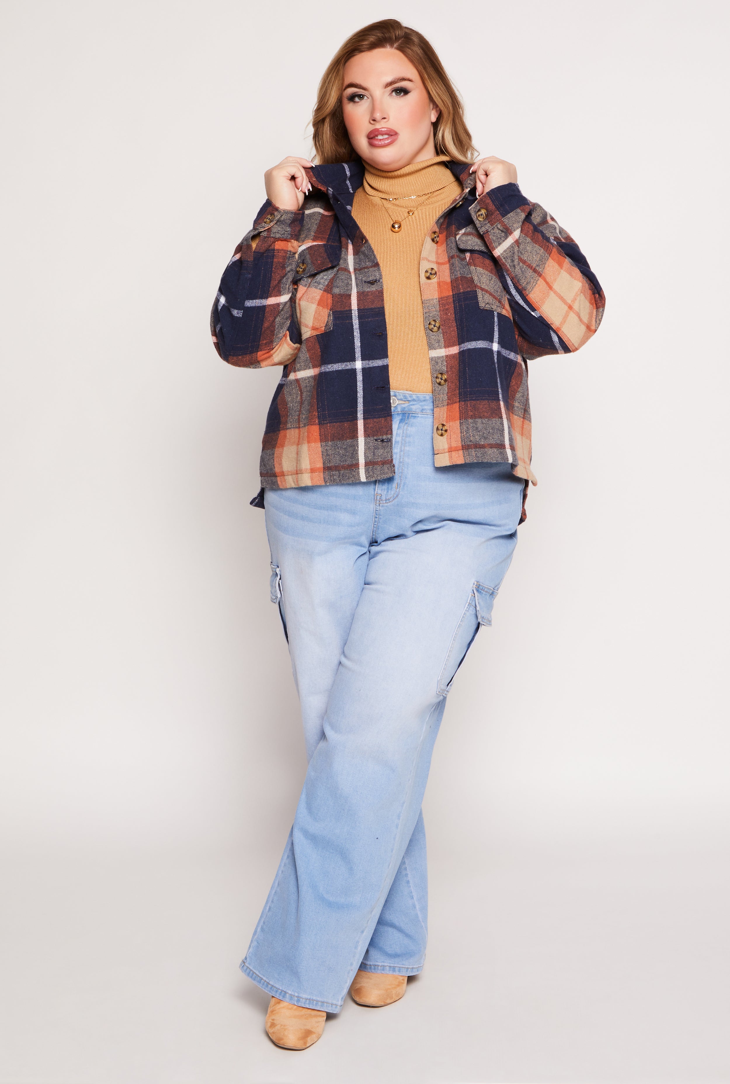 Plus Size Flannel Plaid Button Front Shacket、mySite、camillekostekn