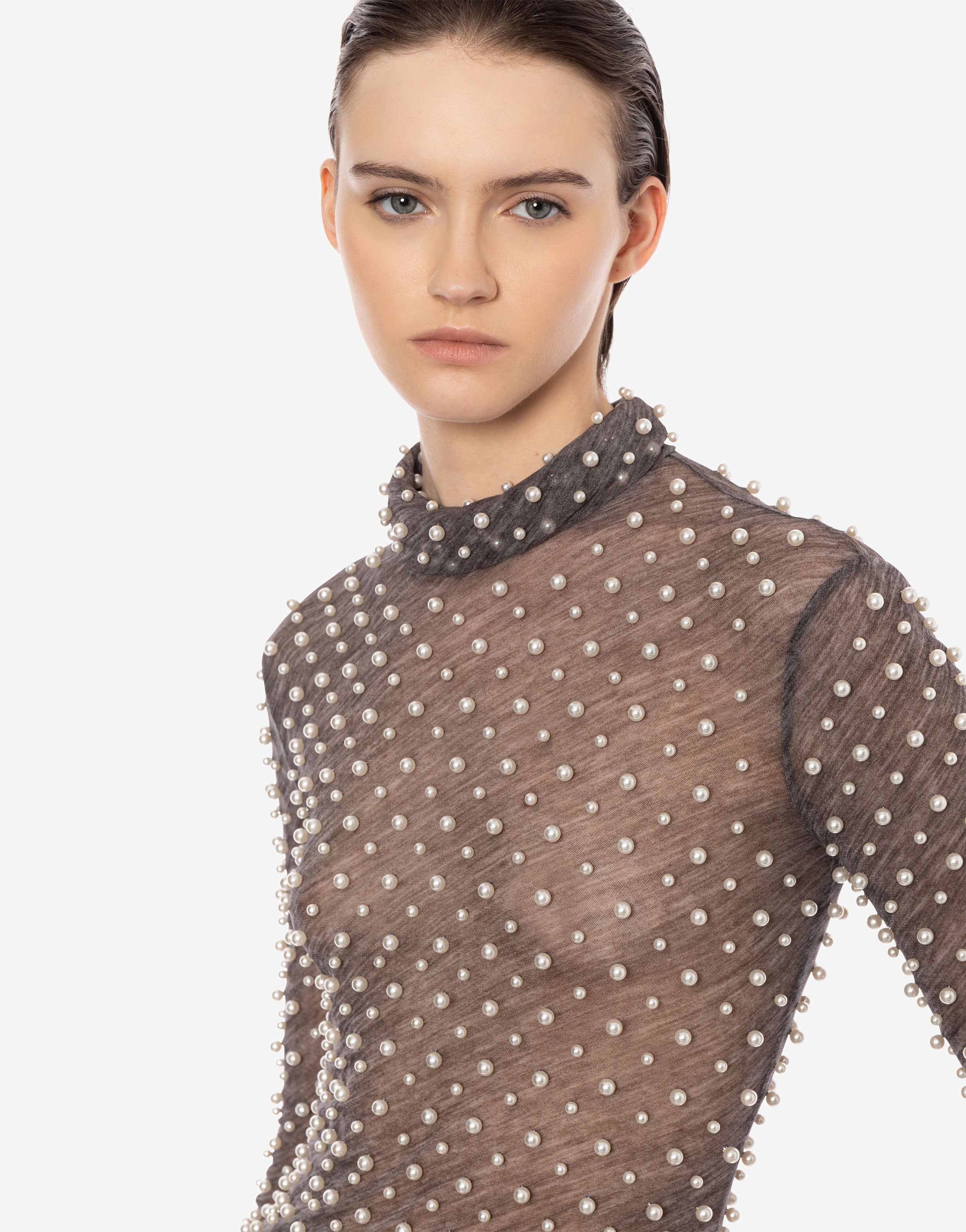 Maglia a collo alto in jersey con perle、mySite、aoinhome