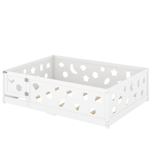 Twin Size Floor Bed with Heightened Safety Guardrails and Door, Solid Wood Bedframe with Rails for Girls, Boys, Teens, Child Bedroom, Kids Playroom, No Slats Included, White、、casual