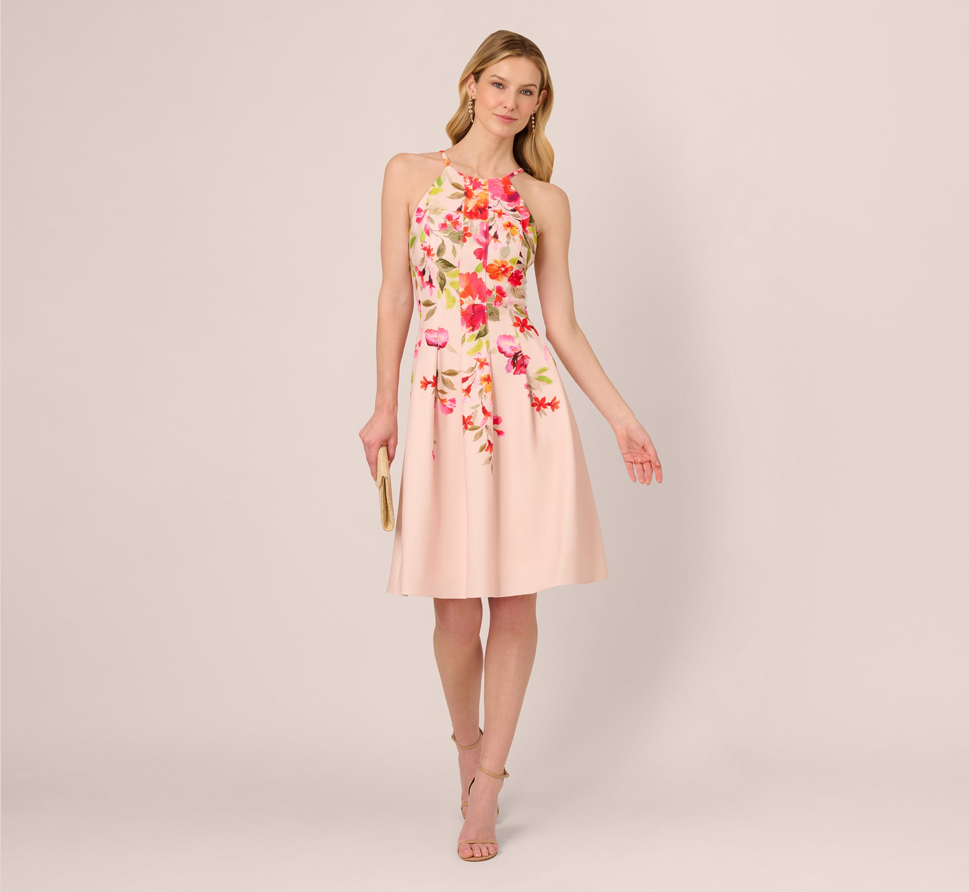 Floral Fit And Flare Halter Midi Dress In Champagne Multi、mySite、solidvoid