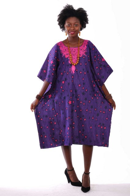 Purple Fuchsia African Print Dress Embroidered Neckline-DP3489、mySite、solidvoid