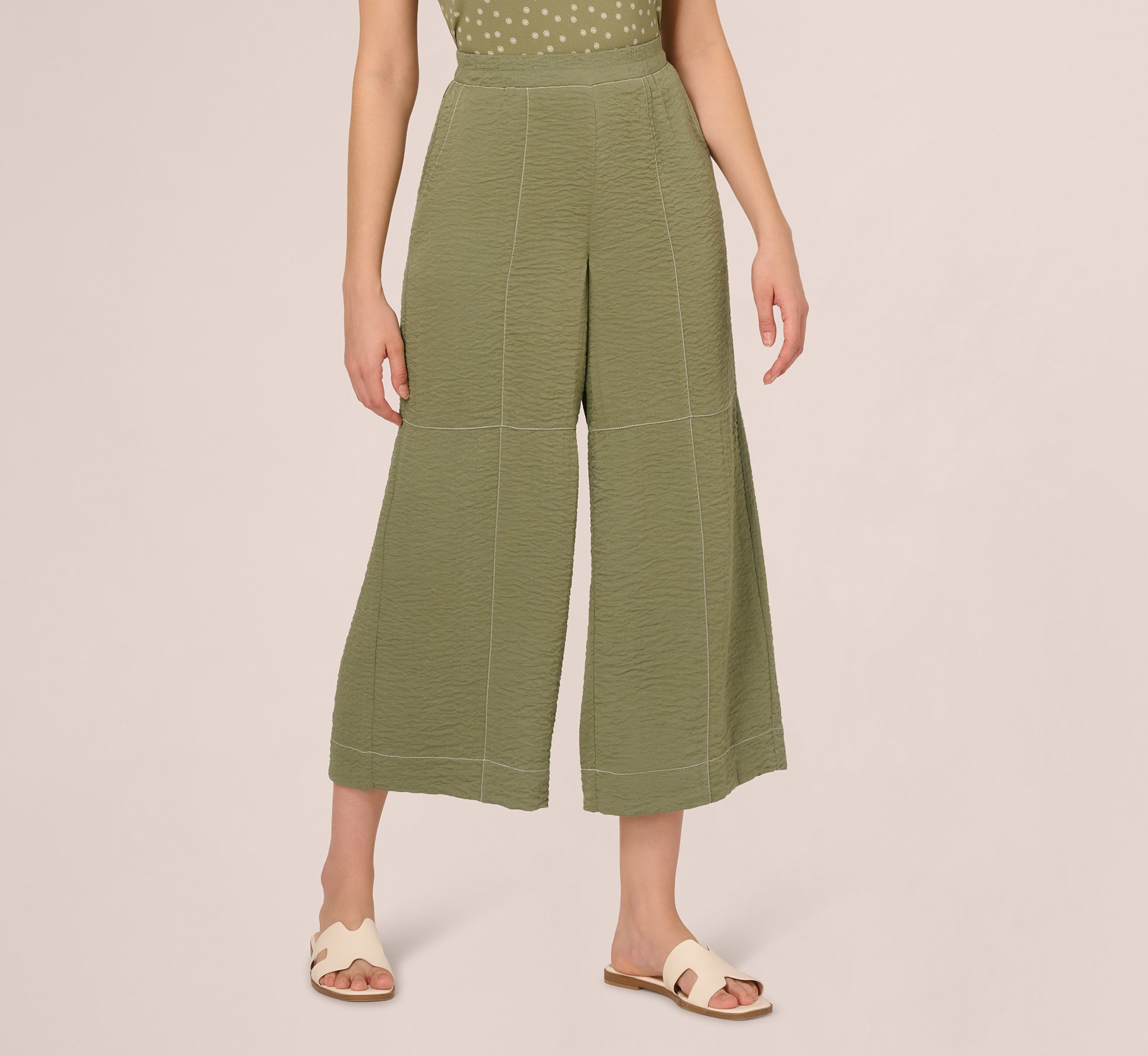 Contrast Stitching Crinkle Midi Pant In Oil Green Ivory、mySite、solidvoid