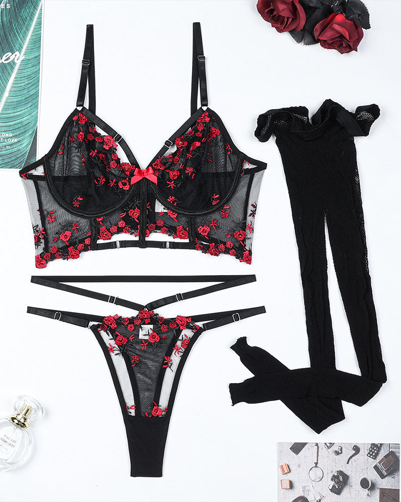 Embroidered Floral Hollow Stockings Bra Set、mySite、bengalsvssteelers