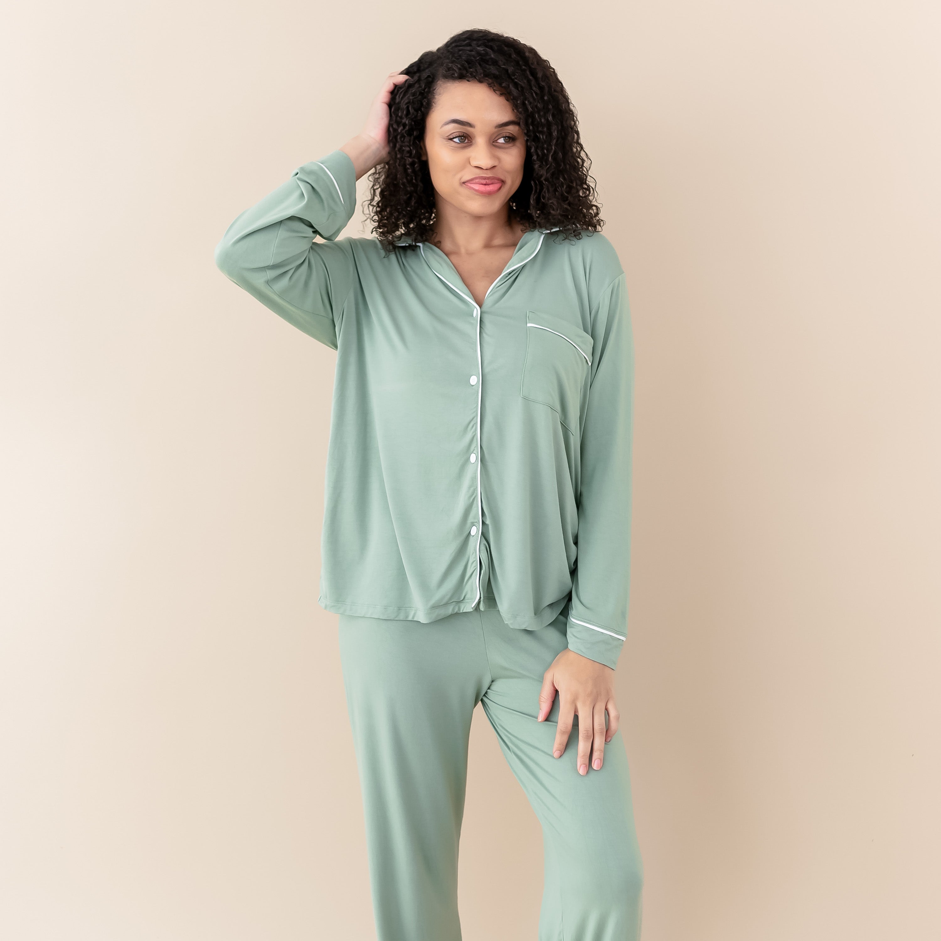  Women's Long Sleeve Pajama Set in Thyme with Cloud Trim、mySite、layawaytickets