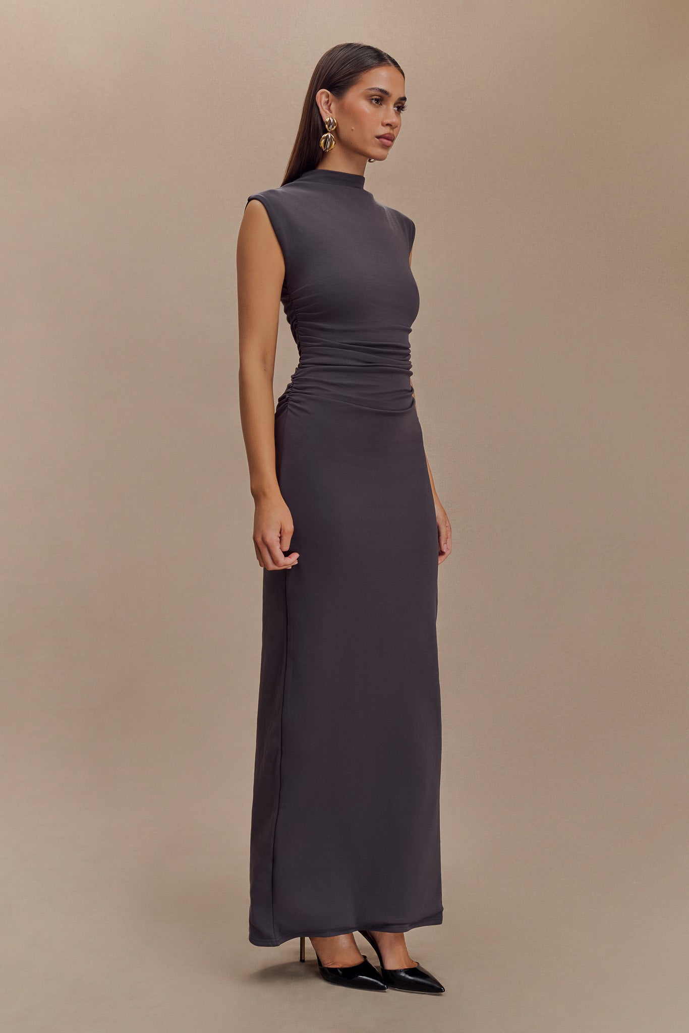 Elliot High Neck Sleeveless Maxi Dress - Dark Charcoal、mySite、solidvoid