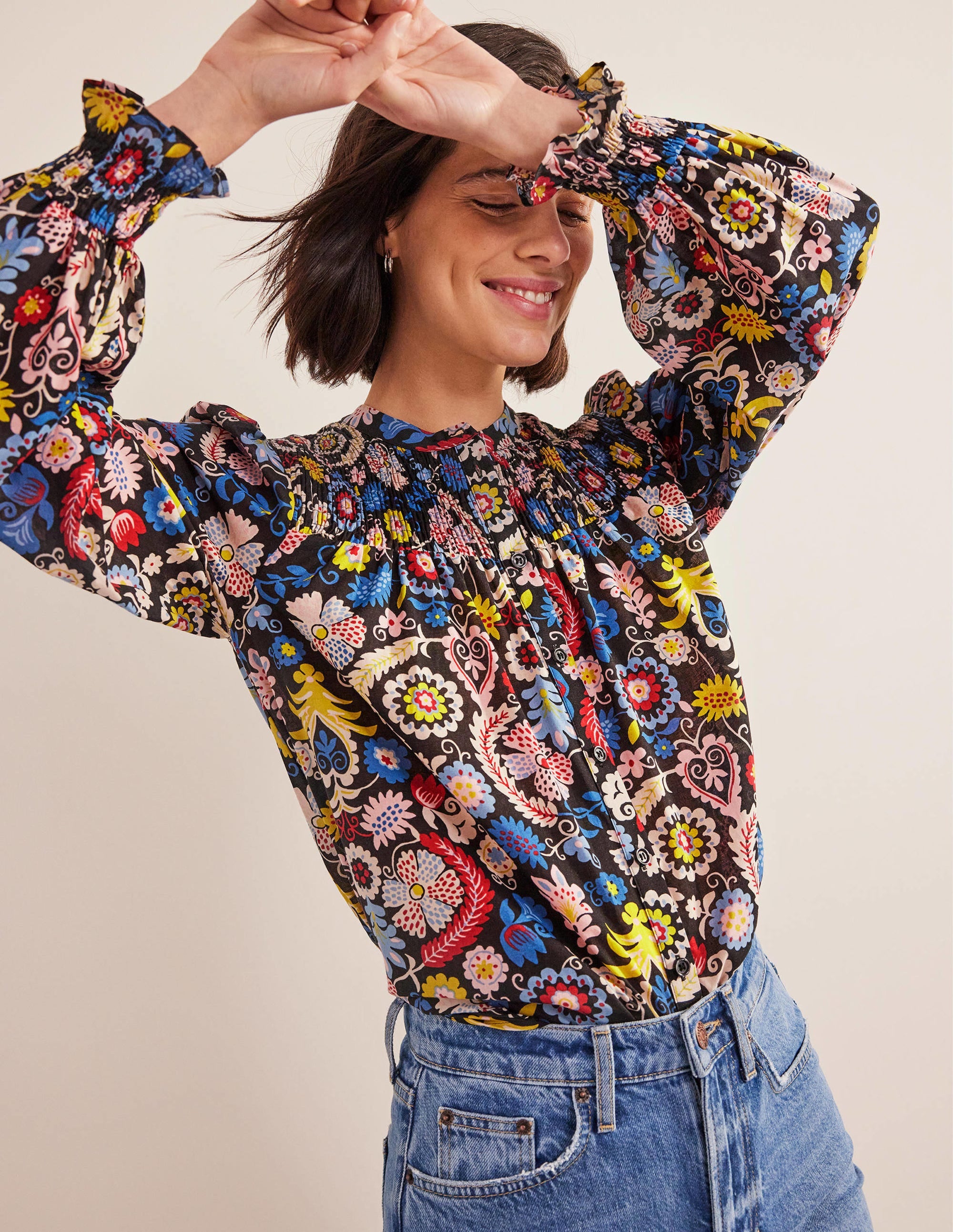  Smocked Yoke Cotton Blouse-Multi, Tropic Charm、mySite、ashleygrahame