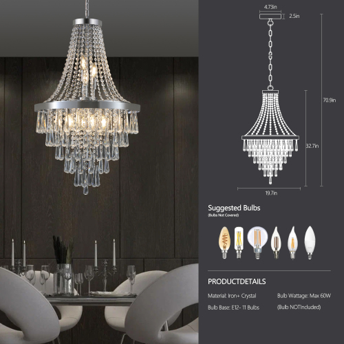 (Same as W1340P143191/L5004-500-C) 20" Chrome Crystal Chandelier with Adjustable Height, Modern Ceiling Light Fixture for Living Room, Dining Room, Staircase, 11-Light E12 Bulb Base (No Bulbs)、、eastwooduniform