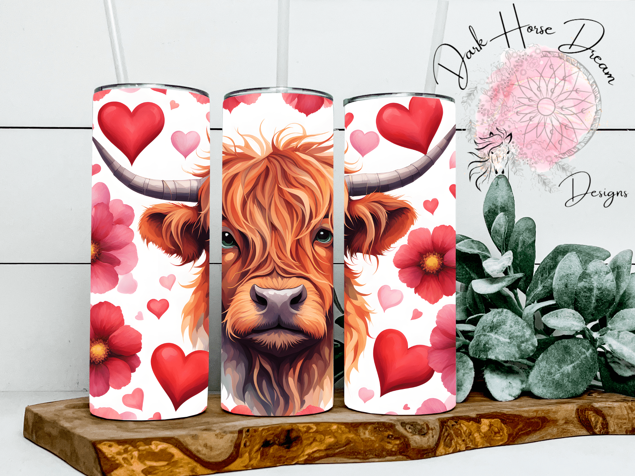 Valentine Hearts and Flowers Highland Cow Skinny Tumbler、mySite、g9winljtr